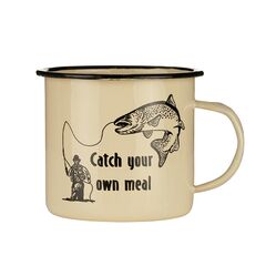 “Catch Your Own Meal” Κρεμ Κούπα με μαύρο ανάγλυφο σχέδιο σε λευκό φόντο.