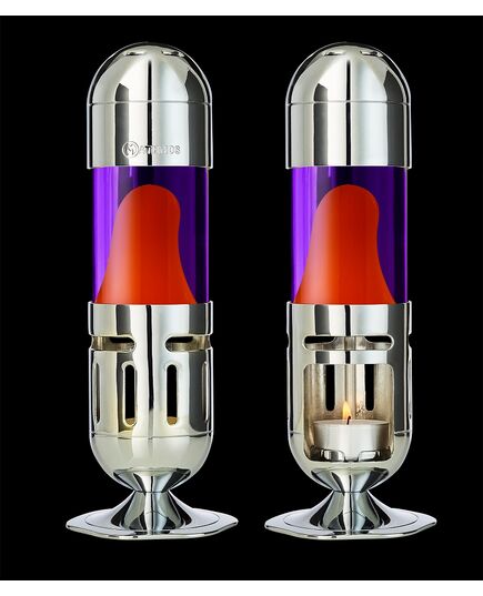 Mathmos - Κηροπήγιο Lava Lamp Pod Candle - Μωβ / Πορτοκαλί - Μαύρο φόντο- μ
προστά και πίσω όψη