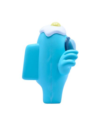 Συλλεκτική φιγούρα Among Us Cyan Egg σε λευκό φόντο και πλαϊνή λήψη.