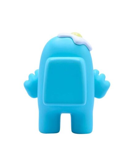Συλλεκτική φιγούρα Among Us Cyan Egg σε λευκό φόντο και πίσω λήψη.