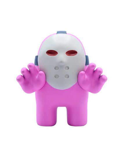 Συλλεκτική φιγούρα Among Us Pink Mask σε λευκό φόντο και μπροστινή λήψη.