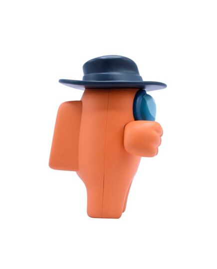 Συλλεκτική φιγούρα Among Us Orange Fedora σε λευκό φόντο και πλαϊνή λήψη.