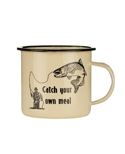 “Catch Your Own Meal” Κρεμ Κούπα με μαύρο ανάγλυφο σχέδιο σε λευκό φόντο.