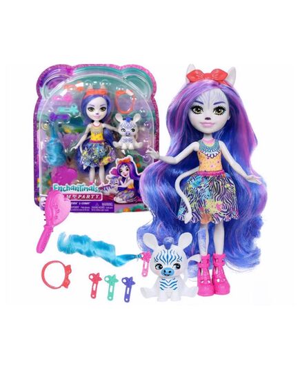 Κούκλα Mattel Enchantimals Μακριά Μαλλιά Zermirah Zebra και Grainy με αξεσουάρ και βουρτσάκι.